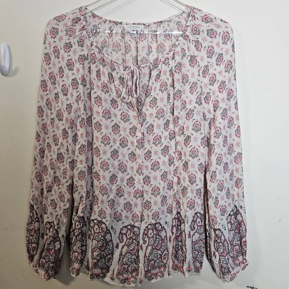 Lucky Brand White Floral Long Sleeve Blouse Tie Neck Boho Medium